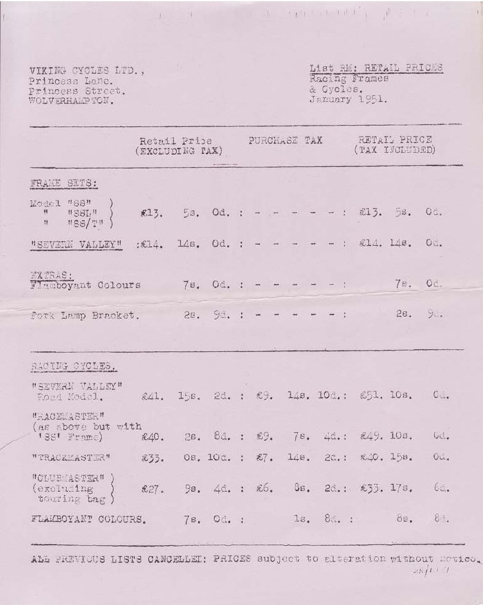 1951 January Viking Price List Classic Viking Cycles