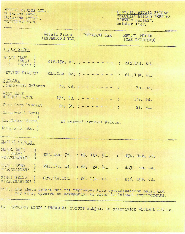 1949 Viking Price List Classic Viking Cycles