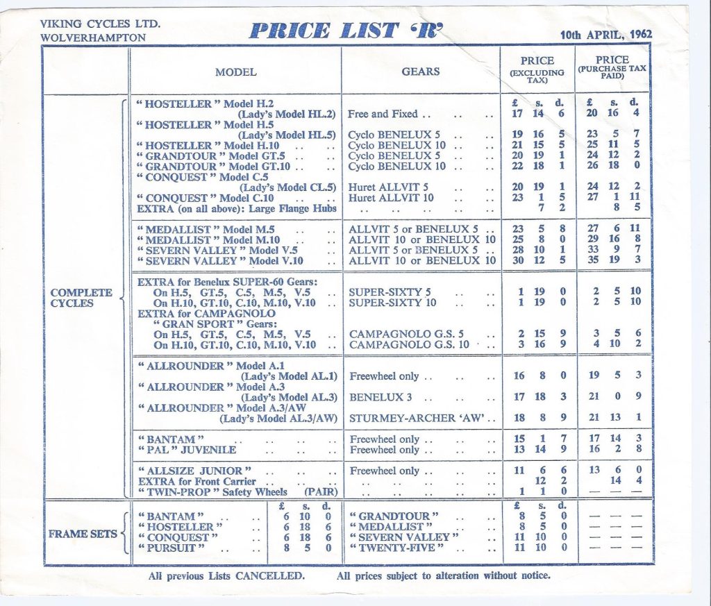 1962 Viking Price List Classic Viking Cycles
