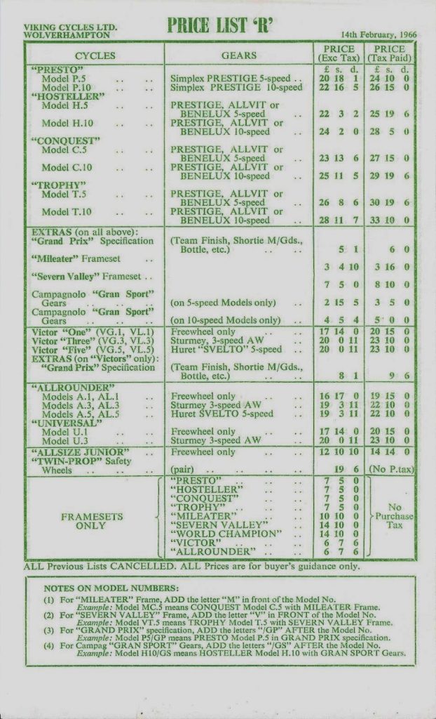 1966 Viking Price List Classic Viking Cycles