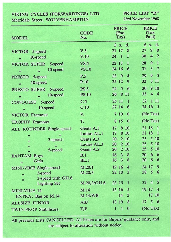 1968 Viking Price List Classic Viking Cycles