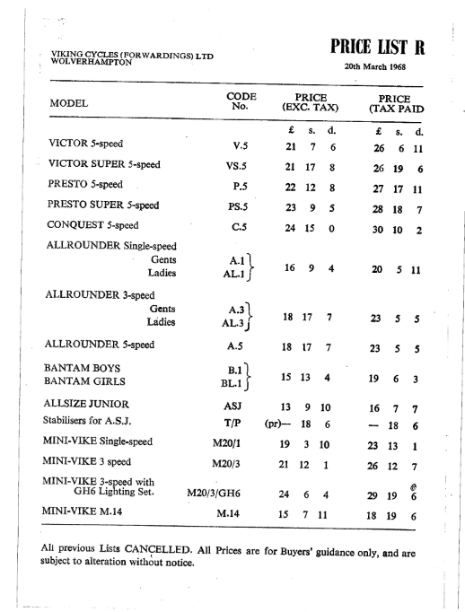 1968 March Viking Price List Classic Viking Cycles