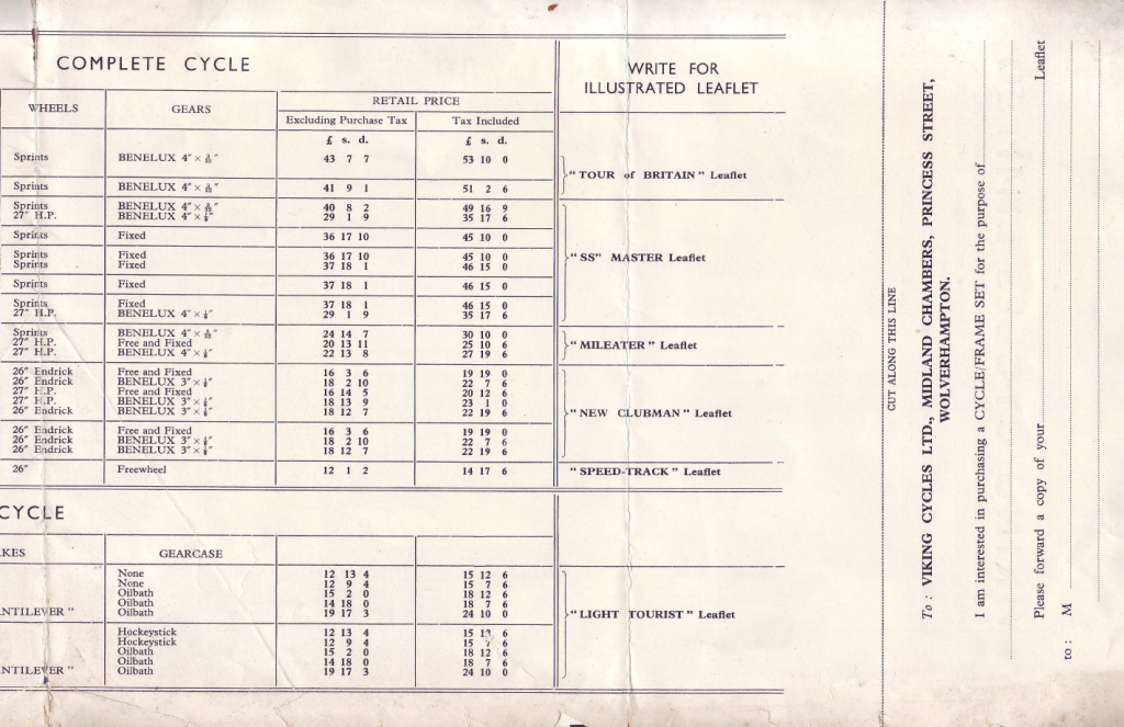 1953 Viking Price List Classic Viking Cycles