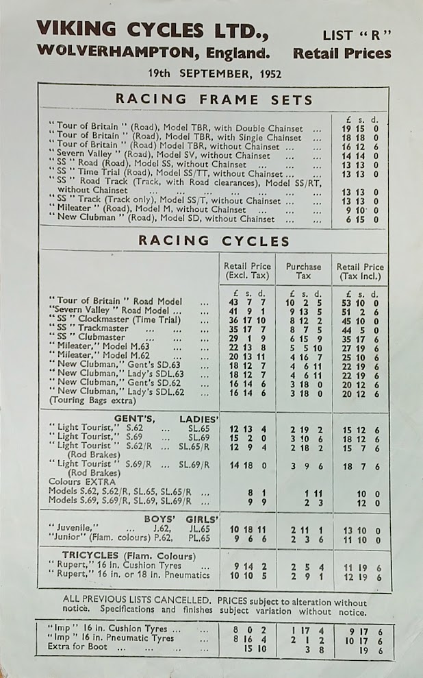 1952 Viking Price List Classic Viking Cycles